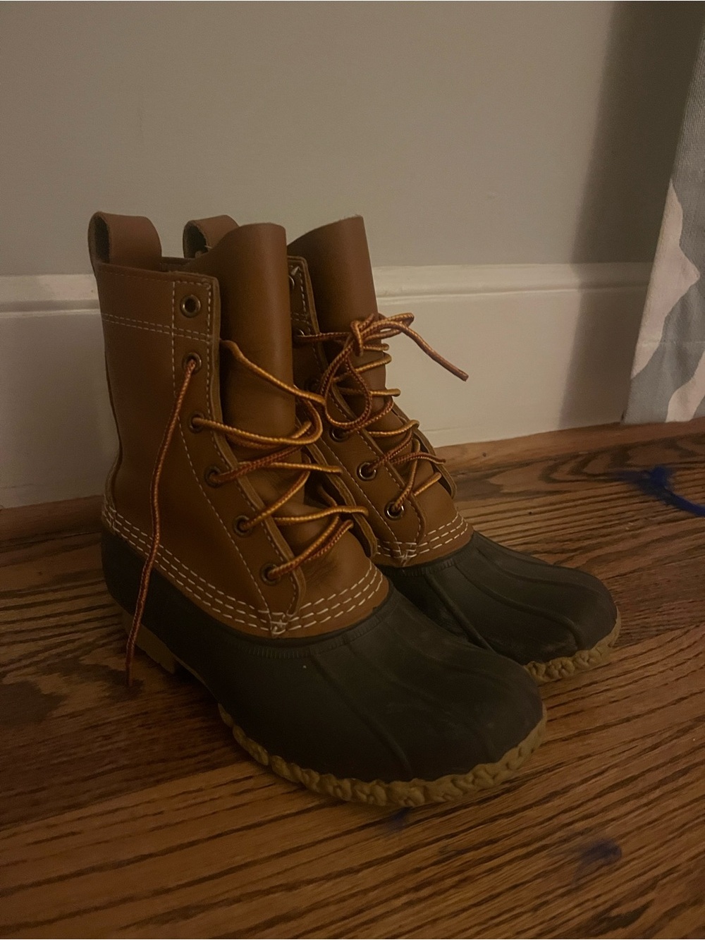 L.L. Bean Brown and Dark Green Lace-Up Duck Boots